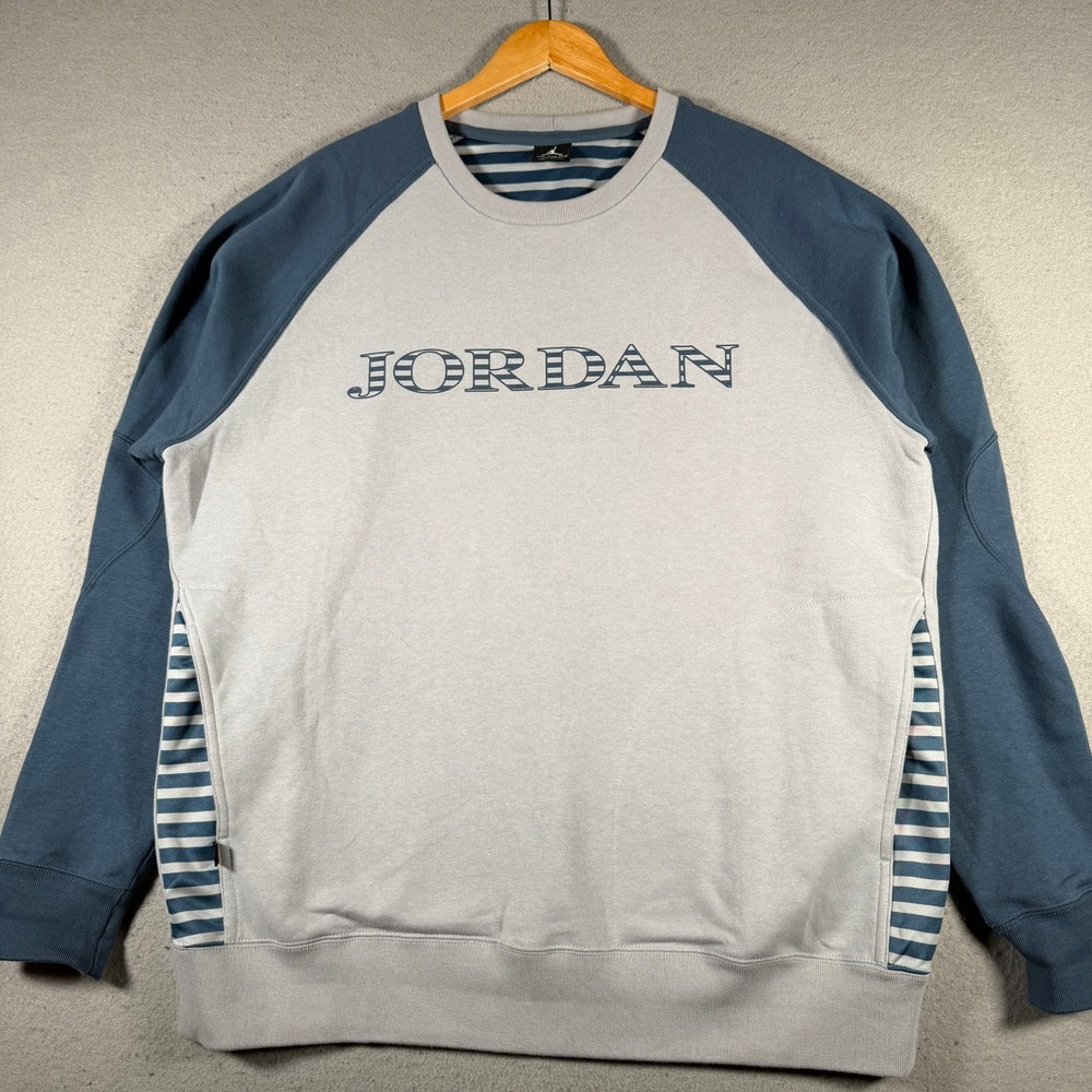 Jordan Mens XXL Grey Blue Striped Raglan Crewneck Sweatshirt SP140710NIG